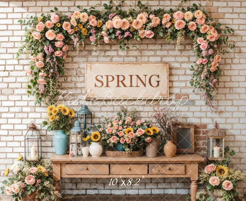 Kate Spring Floral Vintage Brick Wall Backdrop Designed by Emetselch