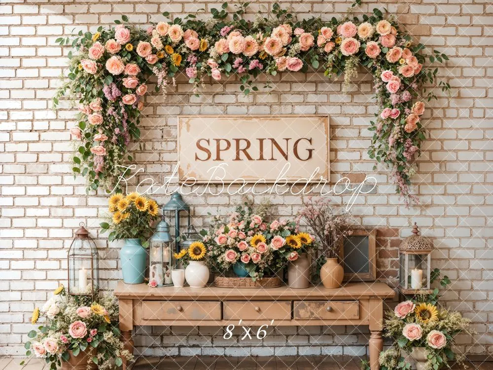 Kate Spring Floral Vintage Brick Wall Backdrop Designed by Emetselch