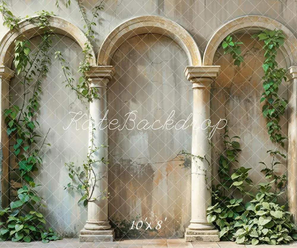 Kate Spring Green Plant Vintage Beige Arch Wall Backdrop Designed by Emetselch