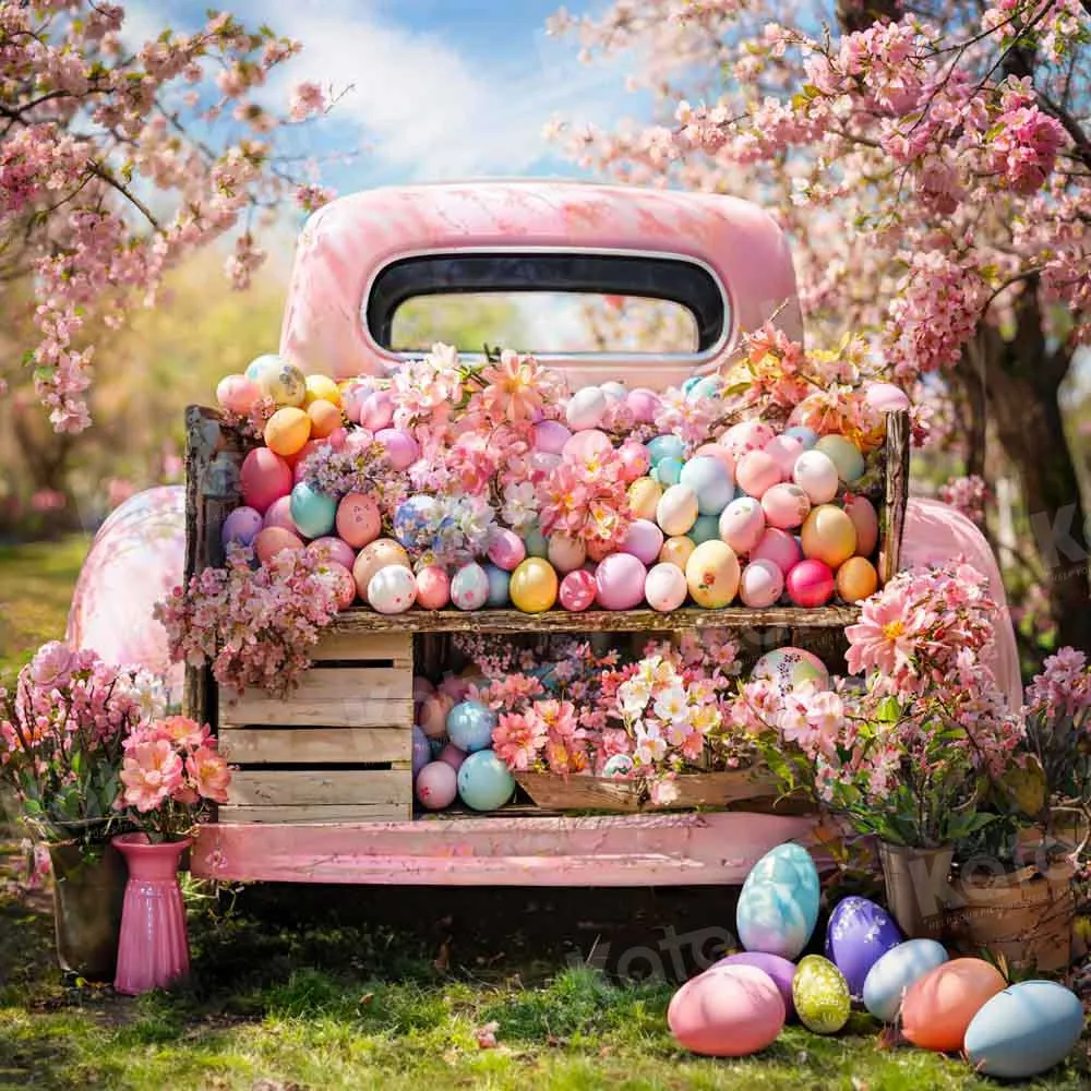 Kate Spring Pink Truck Colorful Easter Egg Backdrop Designed by Emetselch