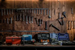 Kate Tool shelf against a table vintage garage backdrop for boy/Father's Day