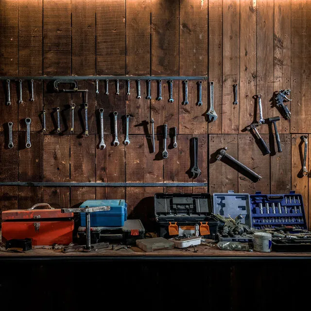 Kate Tool shelf against a table vintage garage backdrop for boy/Father's Day