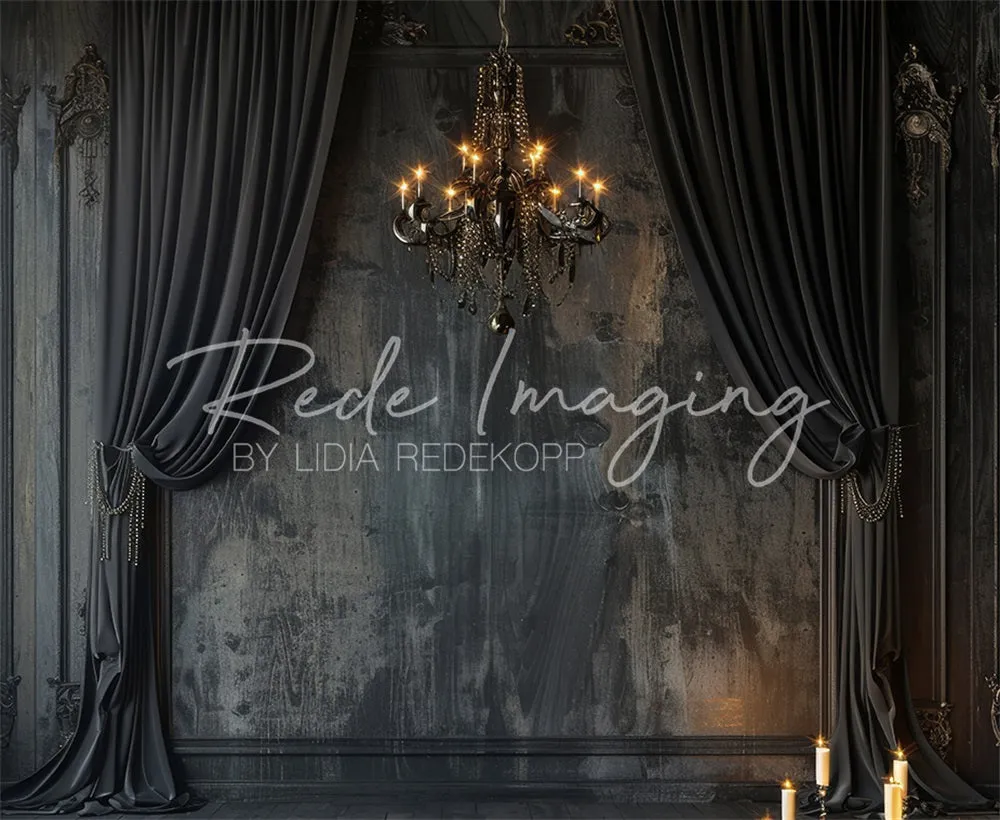 Kate Vintage Black Curtain Chandelier Wall Backdrop Designed by Lidia Redekopp