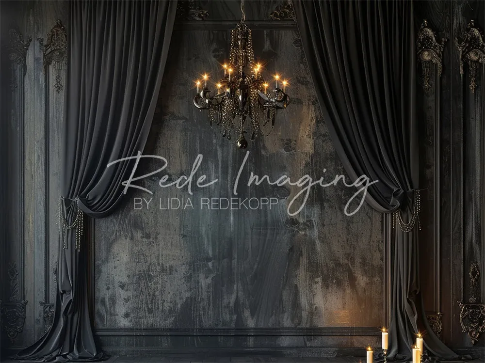 Kate Vintage Black Curtain Chandelier Wall Backdrop Designed by Lidia Redekopp