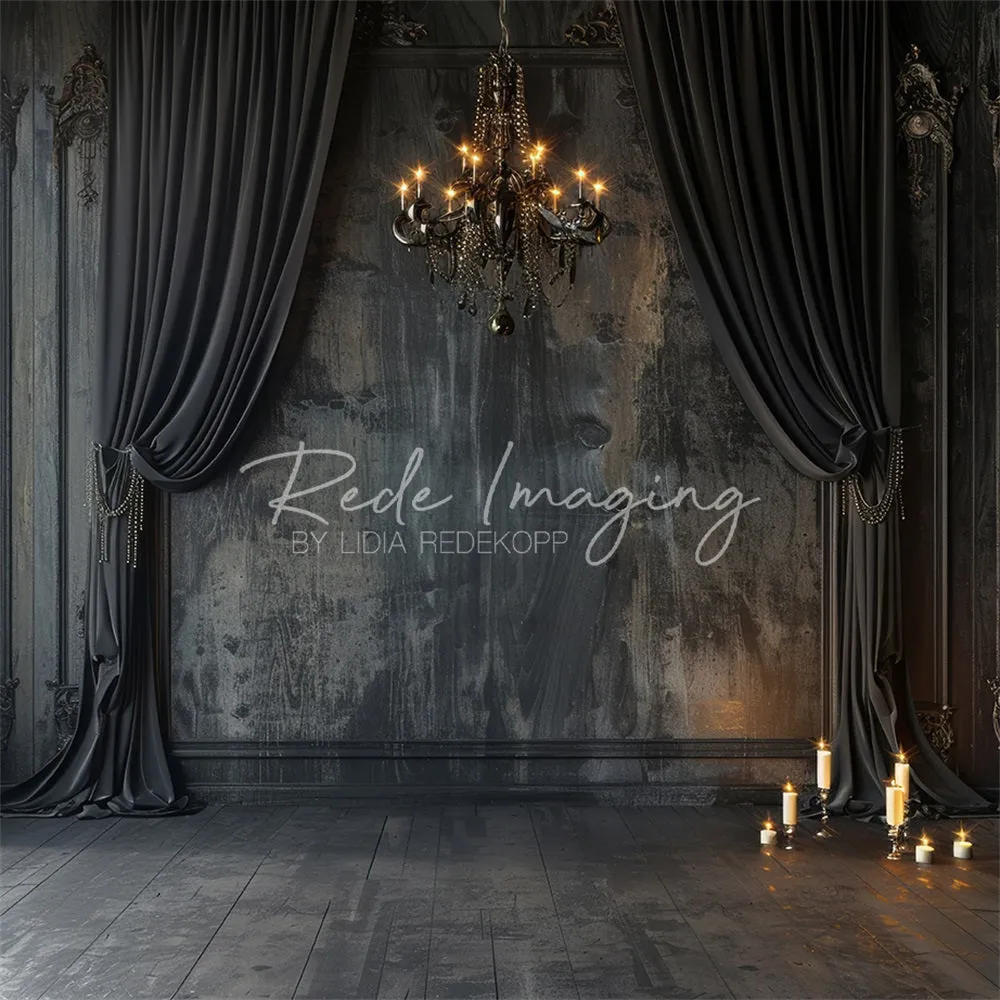 Kate Vintage Black Curtain Chandelier Wall Backdrop Designed by Lidia Redekopp