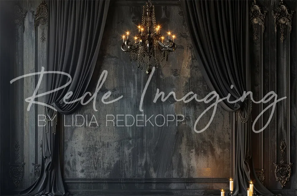 Kate Vintage Black Curtain Chandelier Wall Backdrop Designed by Lidia Redekopp
