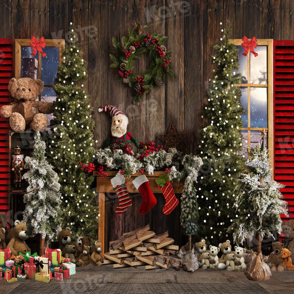 Kate Vintage Christmas Fireplace Teddy Bear Backdrop for Photography