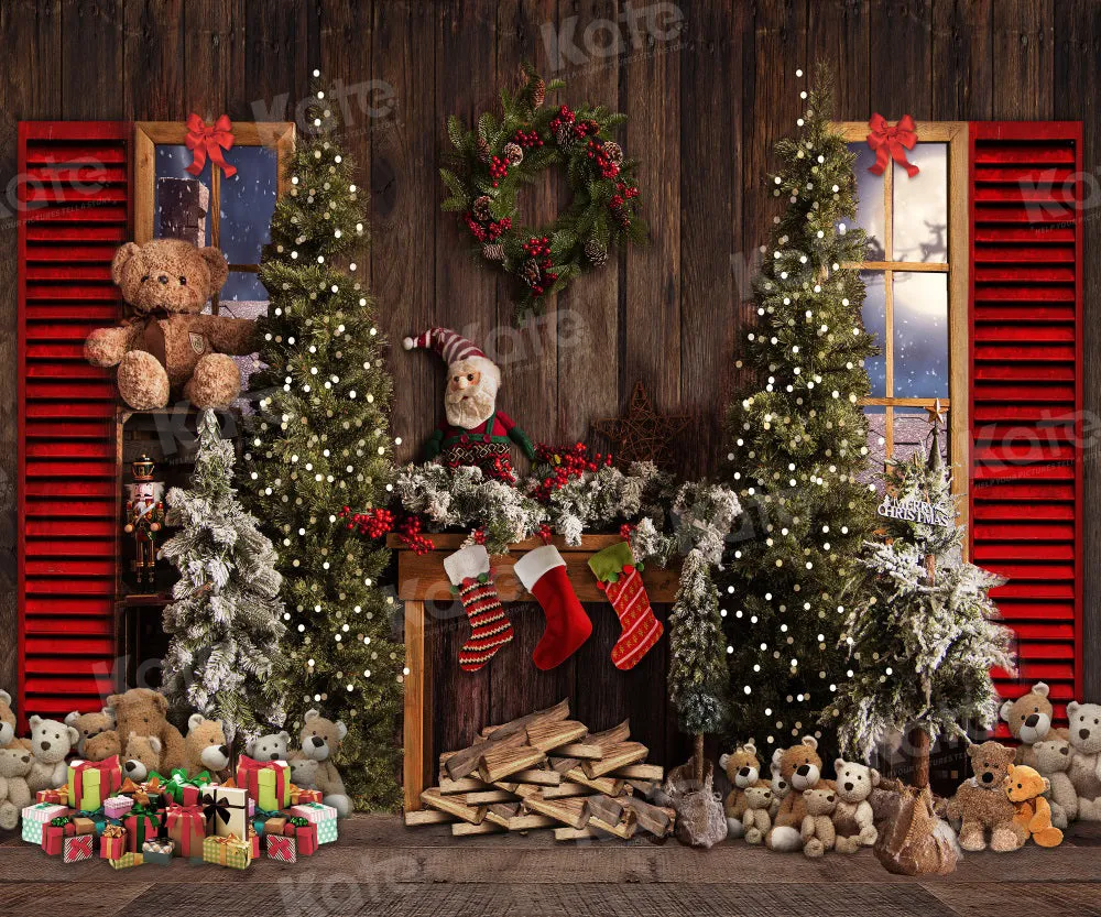 Kate Vintage Christmas Fireplace Teddy Bear Backdrop for Photography