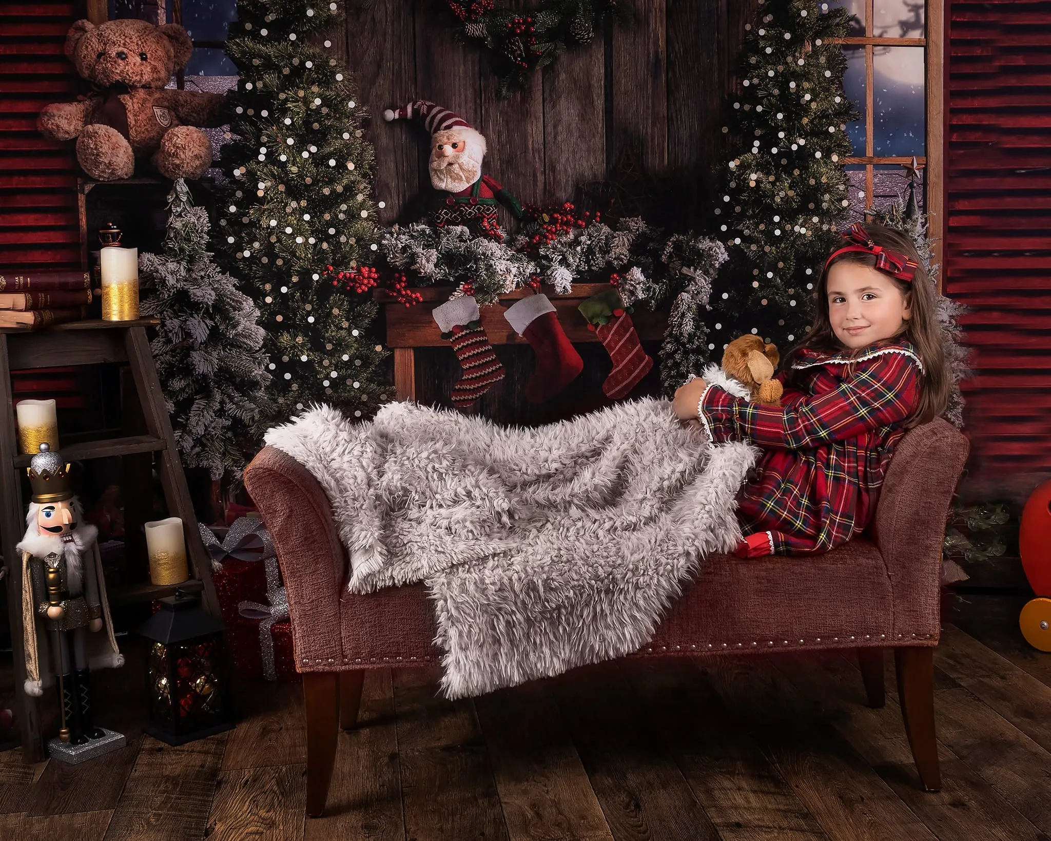 Kate Vintage Christmas Fireplace Teddy Bear Backdrop for Photography