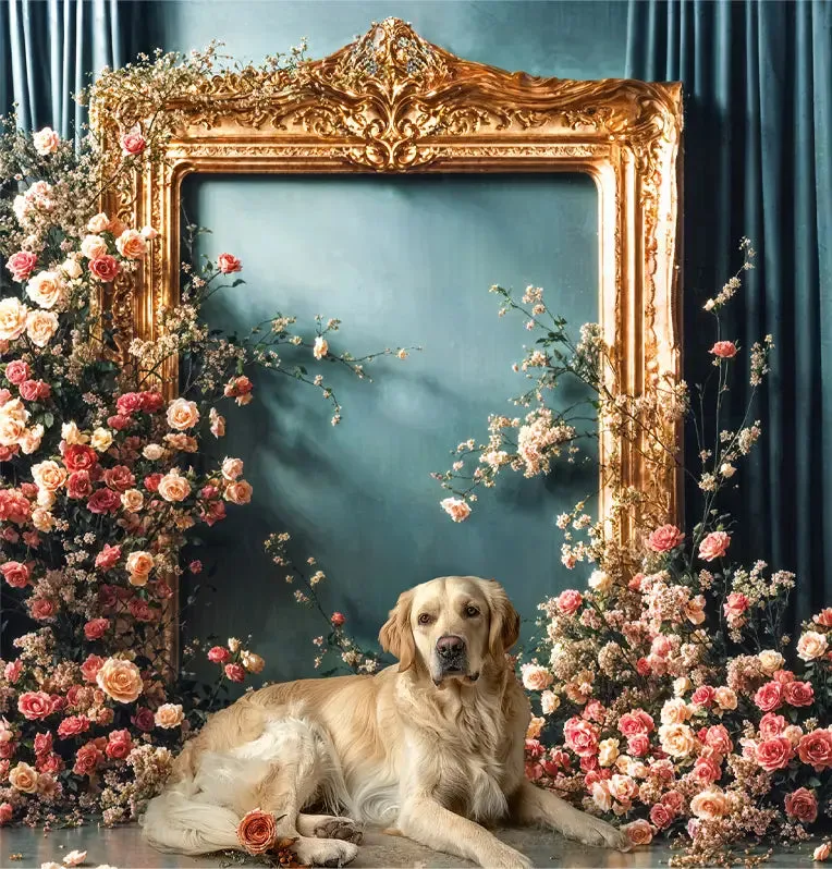 Kate Vintage Flower Golden Frame Blue Curtain Wall Backdrop Designed by Emetselch