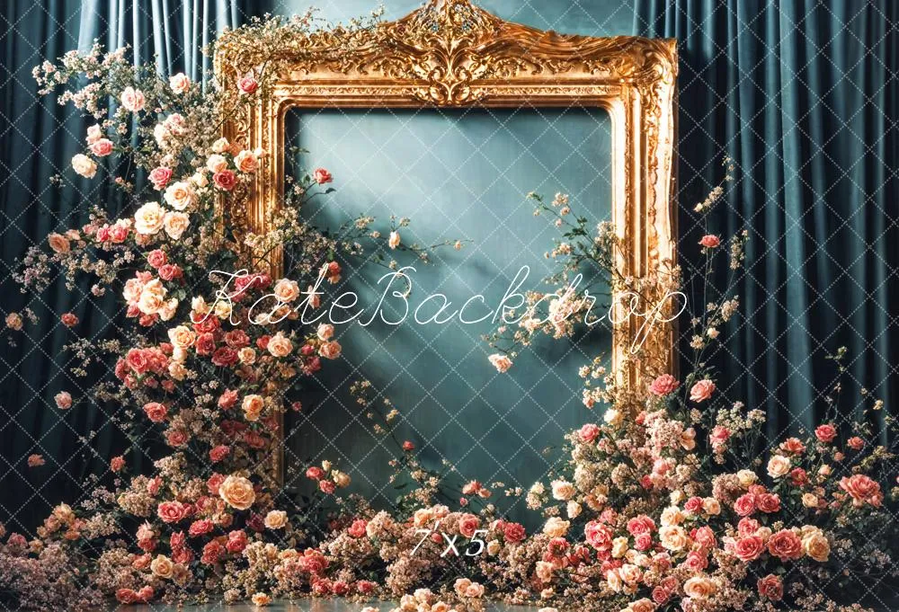 Kate Vintage Flower Golden Frame Blue Curtain Wall Backdrop Designed by Emetselch