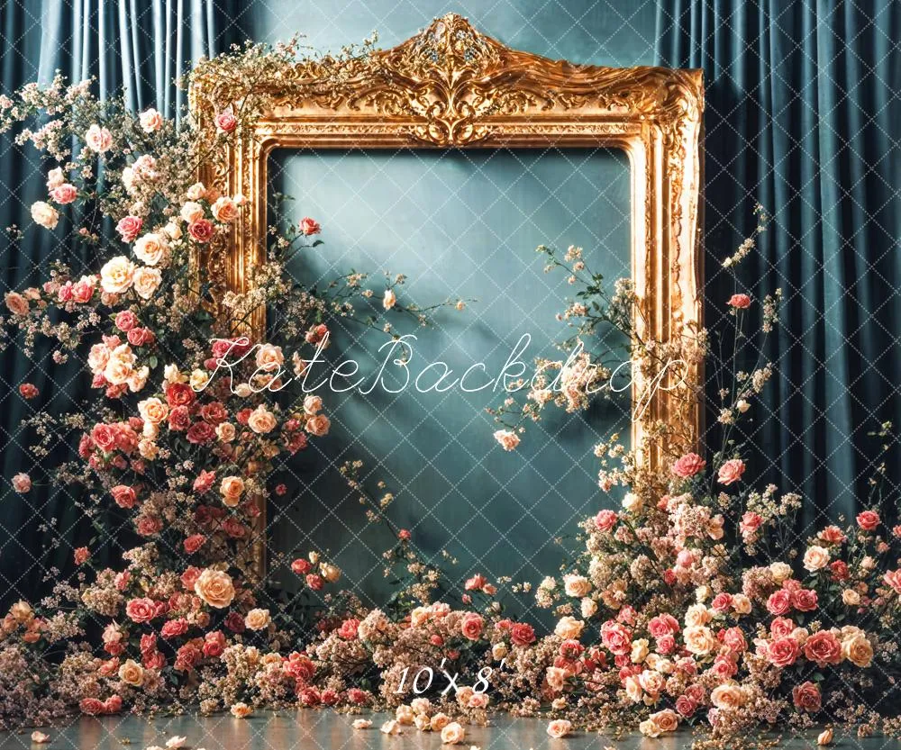 Kate Vintage Flower Golden Frame Blue Curtain Wall Backdrop Designed by Emetselch