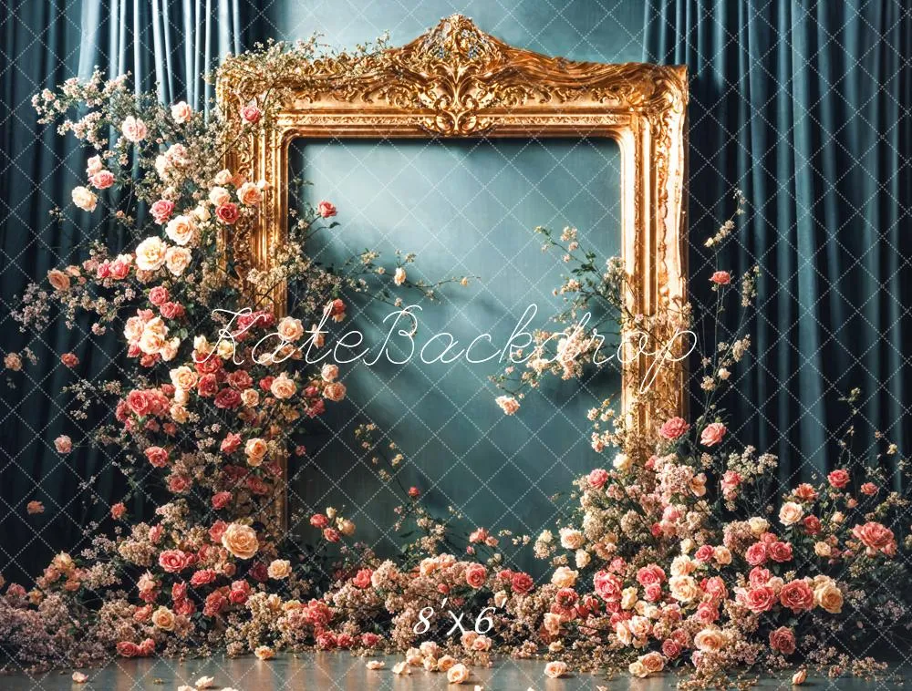 Kate Vintage Flower Golden Frame Blue Curtain Wall Backdrop Designed by Emetselch