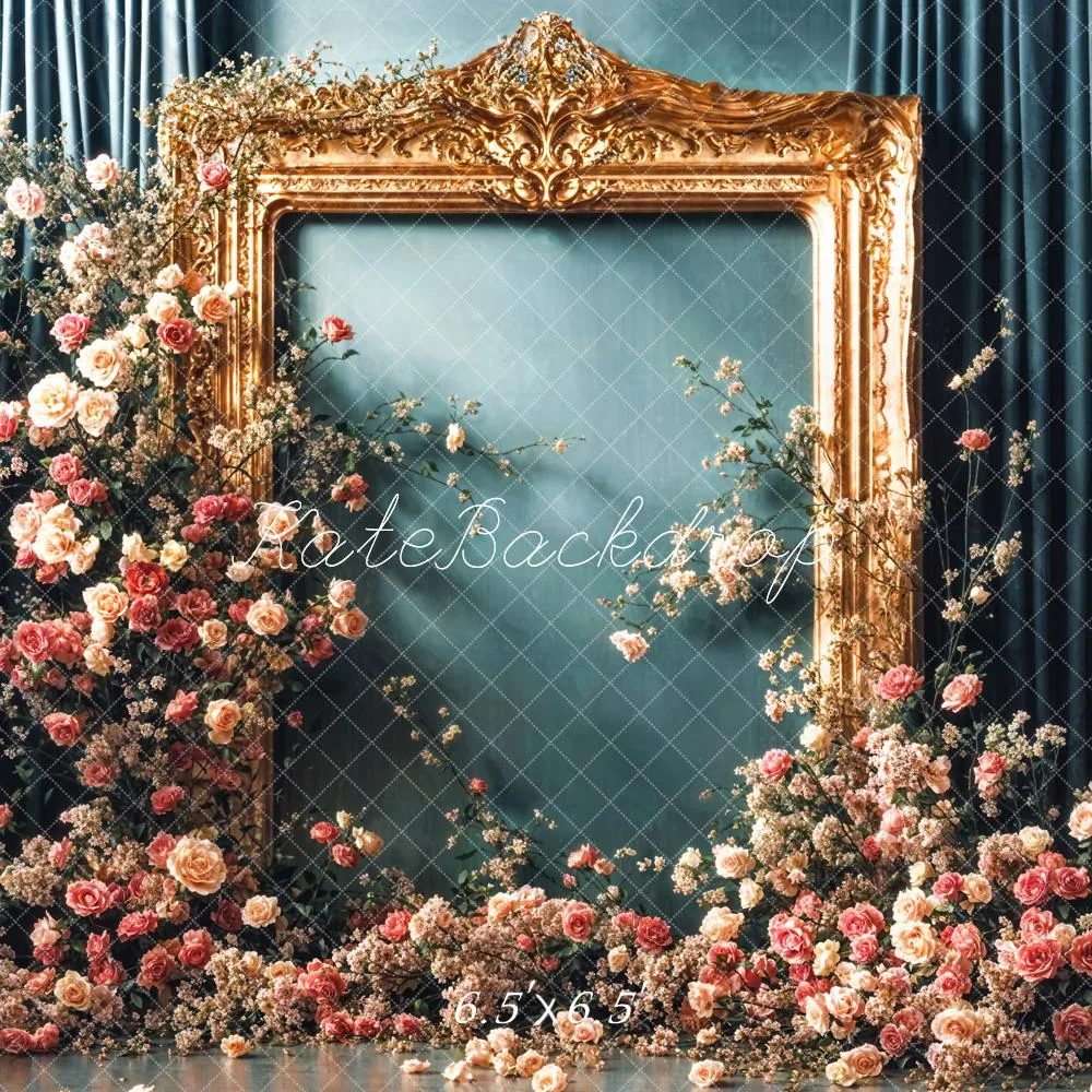 Kate Vintage Flower Golden Frame Blue Curtain Wall Backdrop Designed by Emetselch