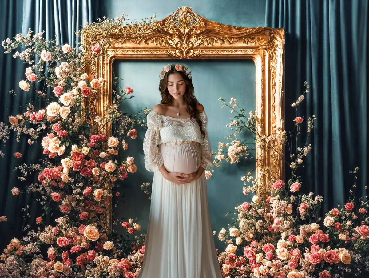 Kate Vintage Flower Golden Frame Blue Curtain Wall Backdrop Designed by Emetselch
