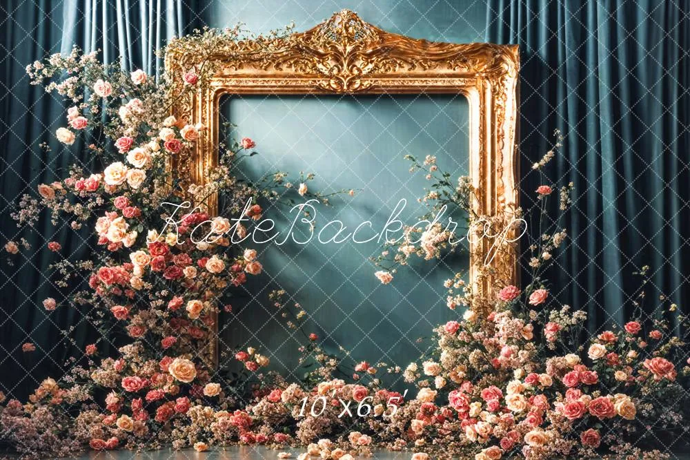 Kate Vintage Flower Golden Frame Blue Curtain Wall Backdrop Designed by Emetselch
