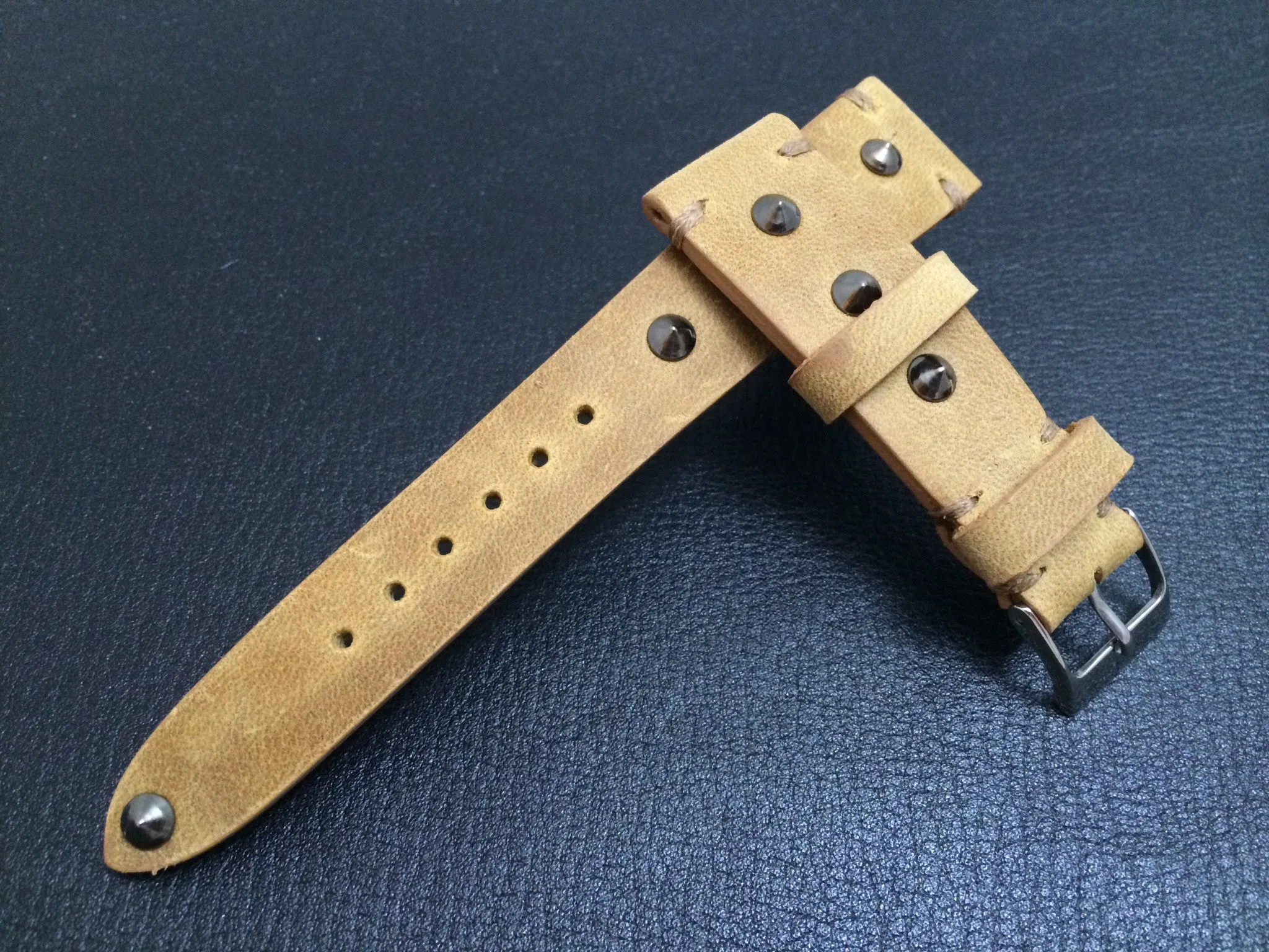 Khaki Leather Wrist watch band for mens, Leather Watch Straps 20mm, 21mm with silver metal stud and stainless steel 16mm buckle