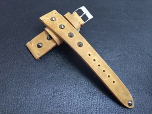 Khaki Leather Wrist watch band for mens, Leather Watch Straps 20mm, 21mm with silver metal stud and stainless steel 16mm buckle