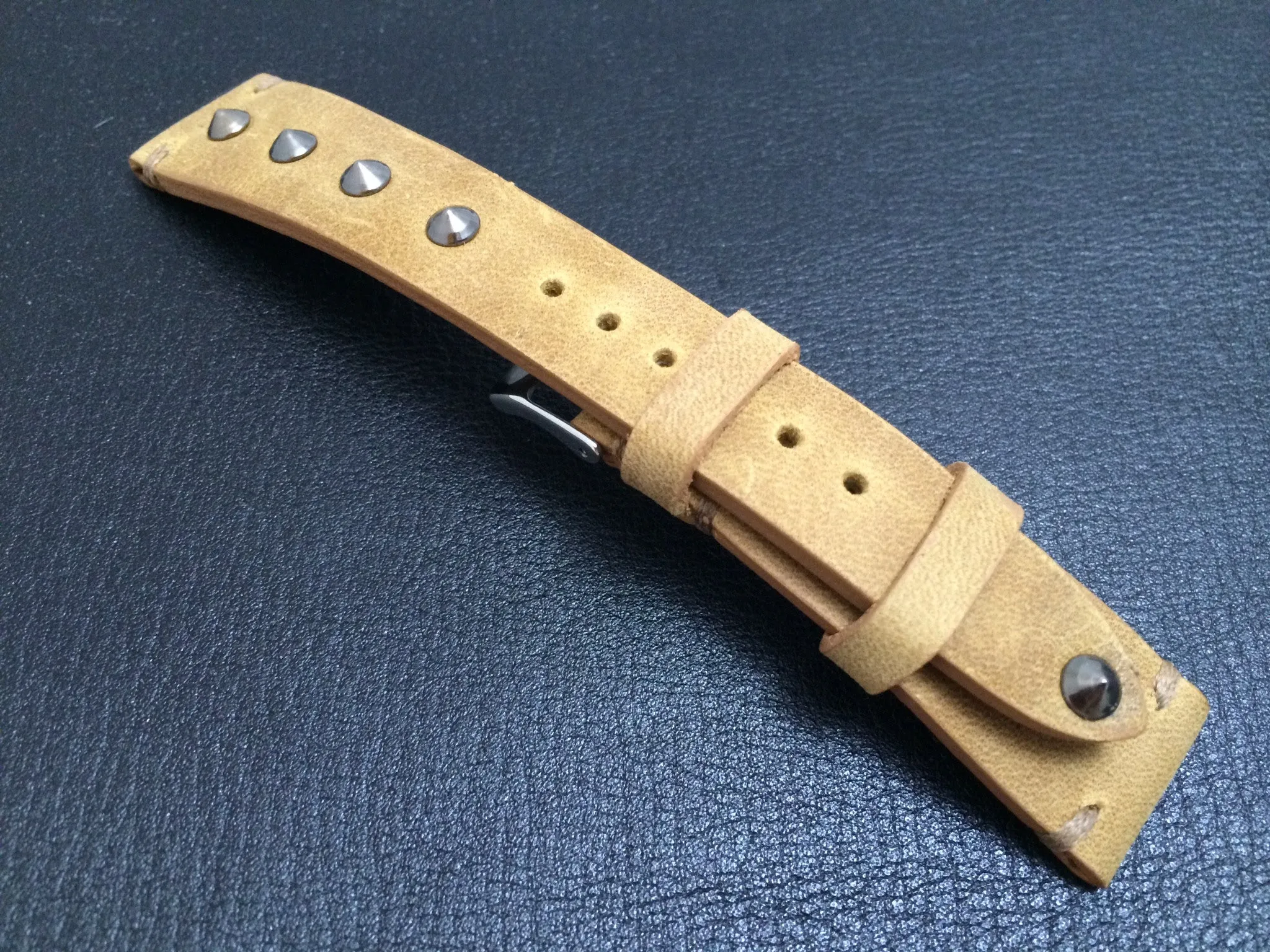 Khaki Leather Wrist watch band for mens, Leather Watch Straps 20mm, 21mm with silver metal stud and stainless steel 16mm buckle