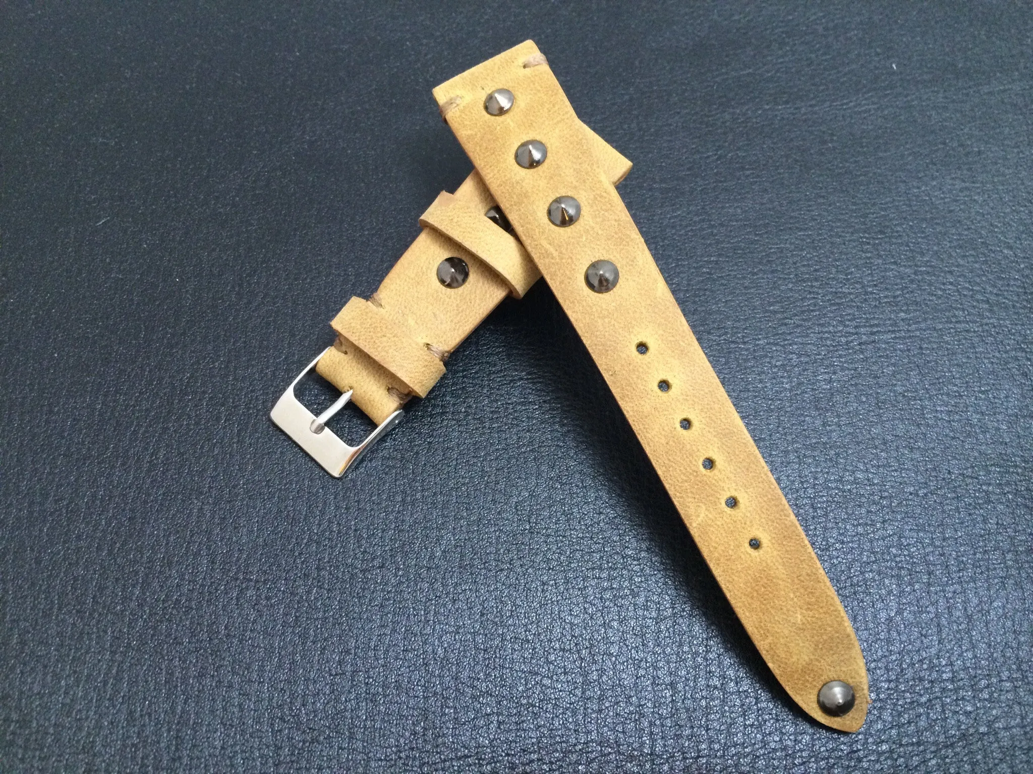 Khaki Leather Wrist watch band for mens, Leather Watch Straps 20mm, 21mm with silver metal stud and stainless steel 16mm buckle