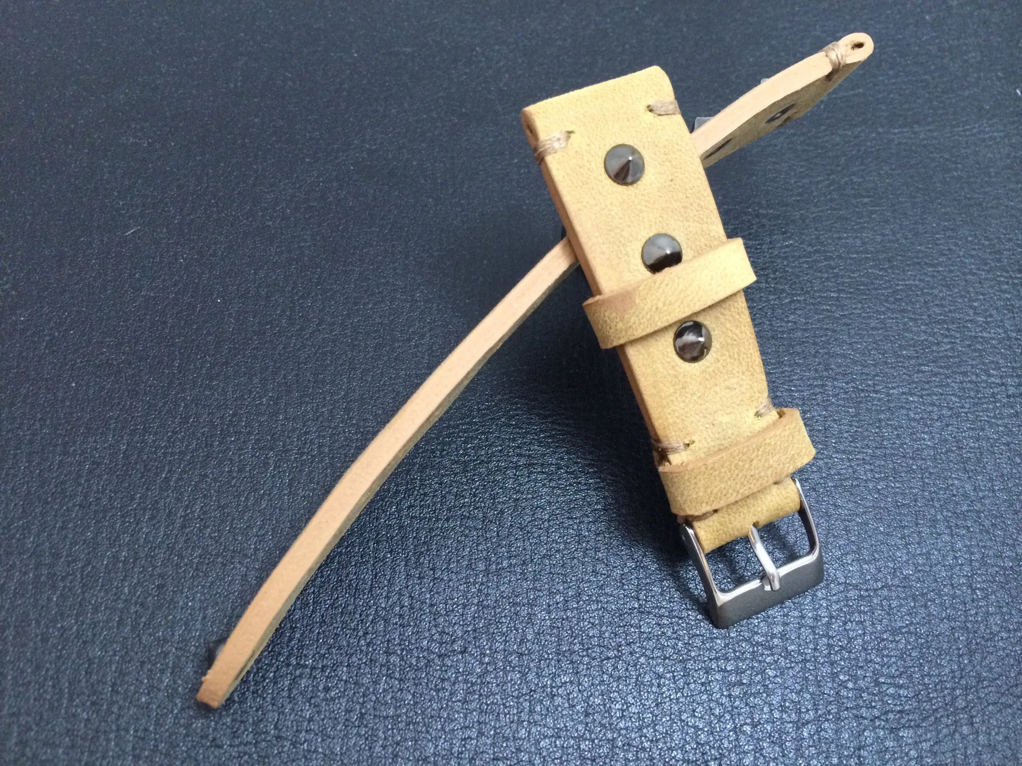 Khaki Leather Wrist watch band for mens, Leather Watch Straps 20mm, 21mm with silver metal stud and stainless steel 16mm buckle