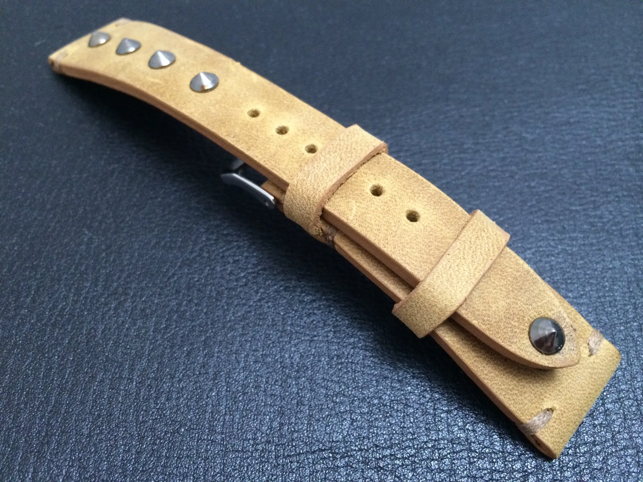 Khaki Leather Wrist watch band for mens, Leather Watch Straps 20mm, 21mm with silver metal stud and stainless steel 16mm buckle