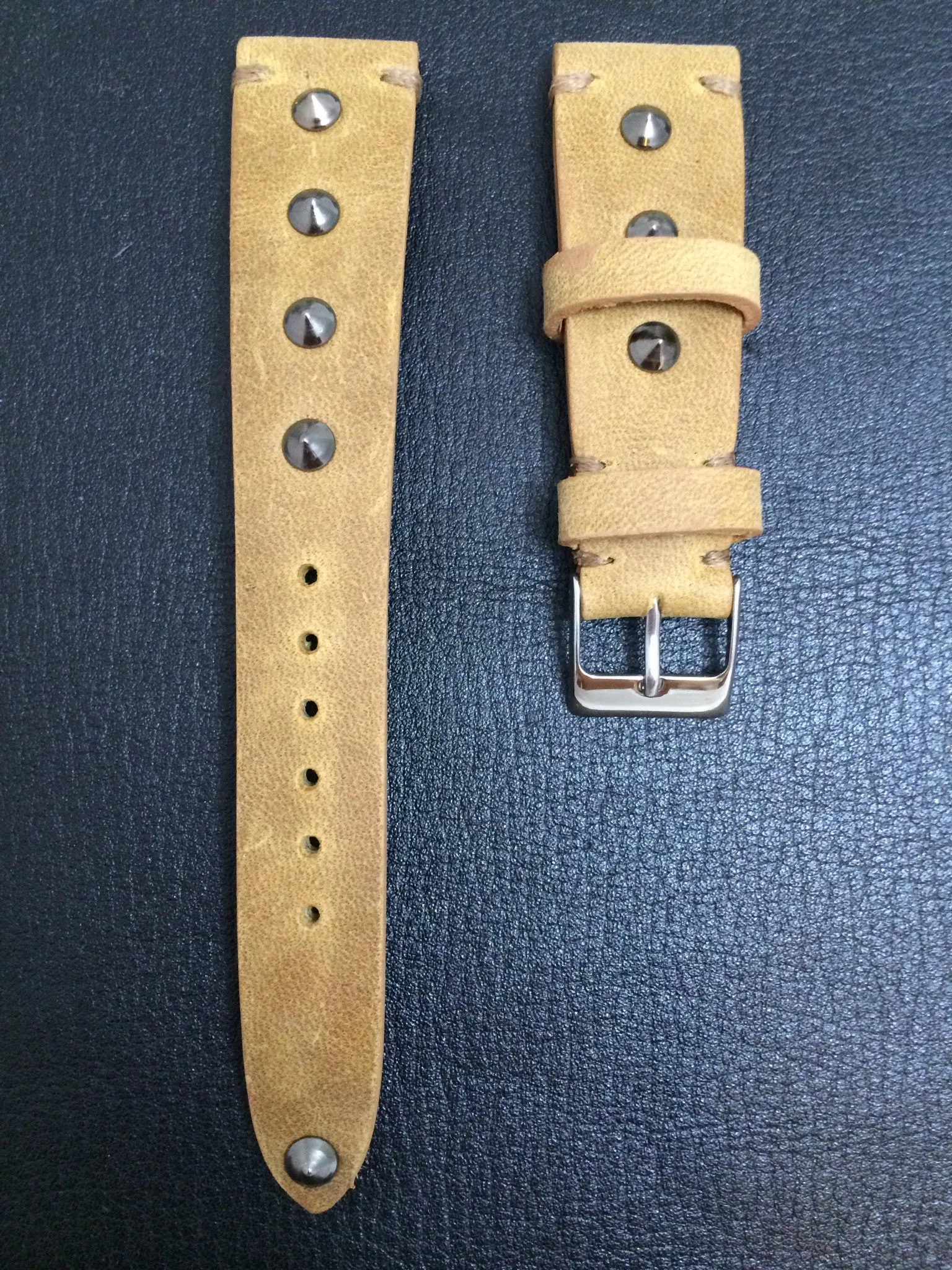 Khaki Leather Wrist watch band for mens, Leather Watch Straps 20mm, 21mm with silver metal stud and stainless steel 16mm buckle