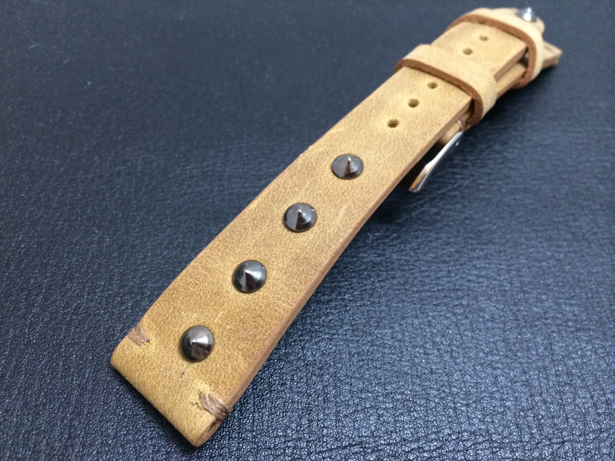 Khaki Leather Wrist watch band for mens, Leather Watch Straps 20mm, 21mm with silver metal stud and stainless steel 16mm buckle