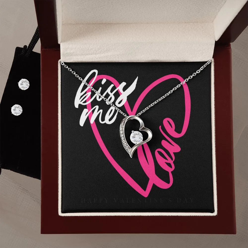 Kiss Me Love Valentine's Forever Heart Necklace & Cubic Zirconia Earring Set
