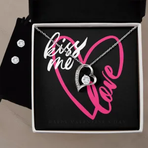 Kiss Me Love Valentine's Forever Heart Necklace & Cubic Zirconia Earring Set