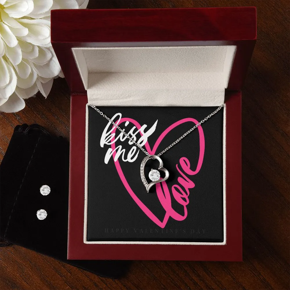 Kiss Me Love Valentine's Forever Heart Necklace & Cubic Zirconia Earring Set
