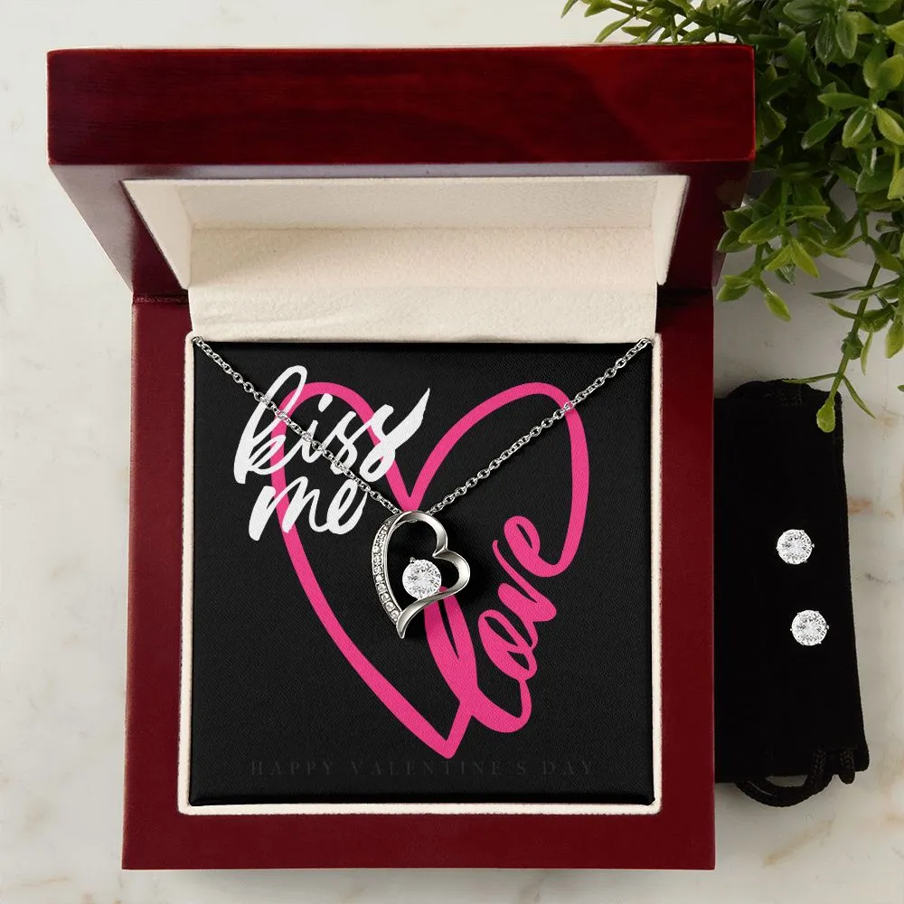 Kiss Me Love Valentine's Forever Heart Necklace & Cubic Zirconia Earring Set