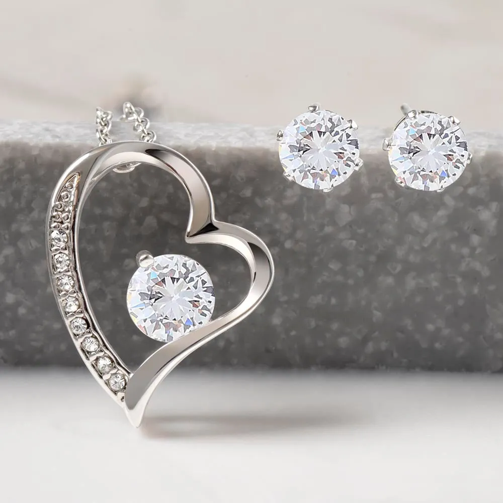 Kiss Me Love Valentine's Forever Heart Necklace & Cubic Zirconia Earring Set