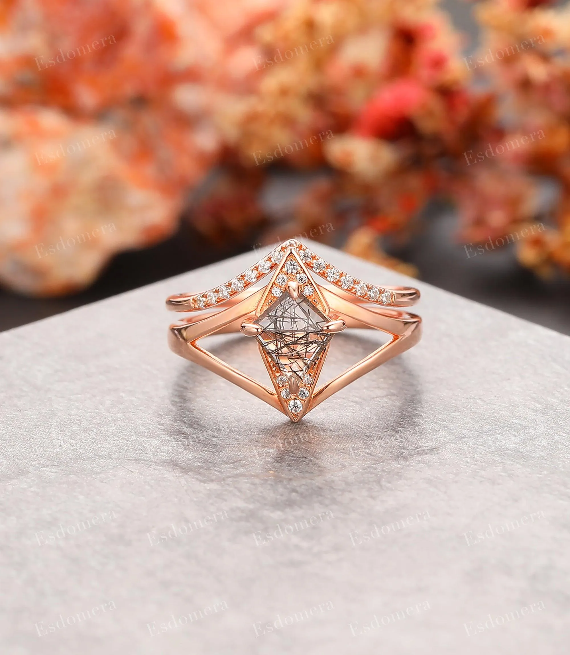 Kite Cut Black Rutilated Quartz Split Shank Engagement Ring, Moissanite Half Eternity Matching Band, Unique 14k Rose Gold Wedding Sets For Her