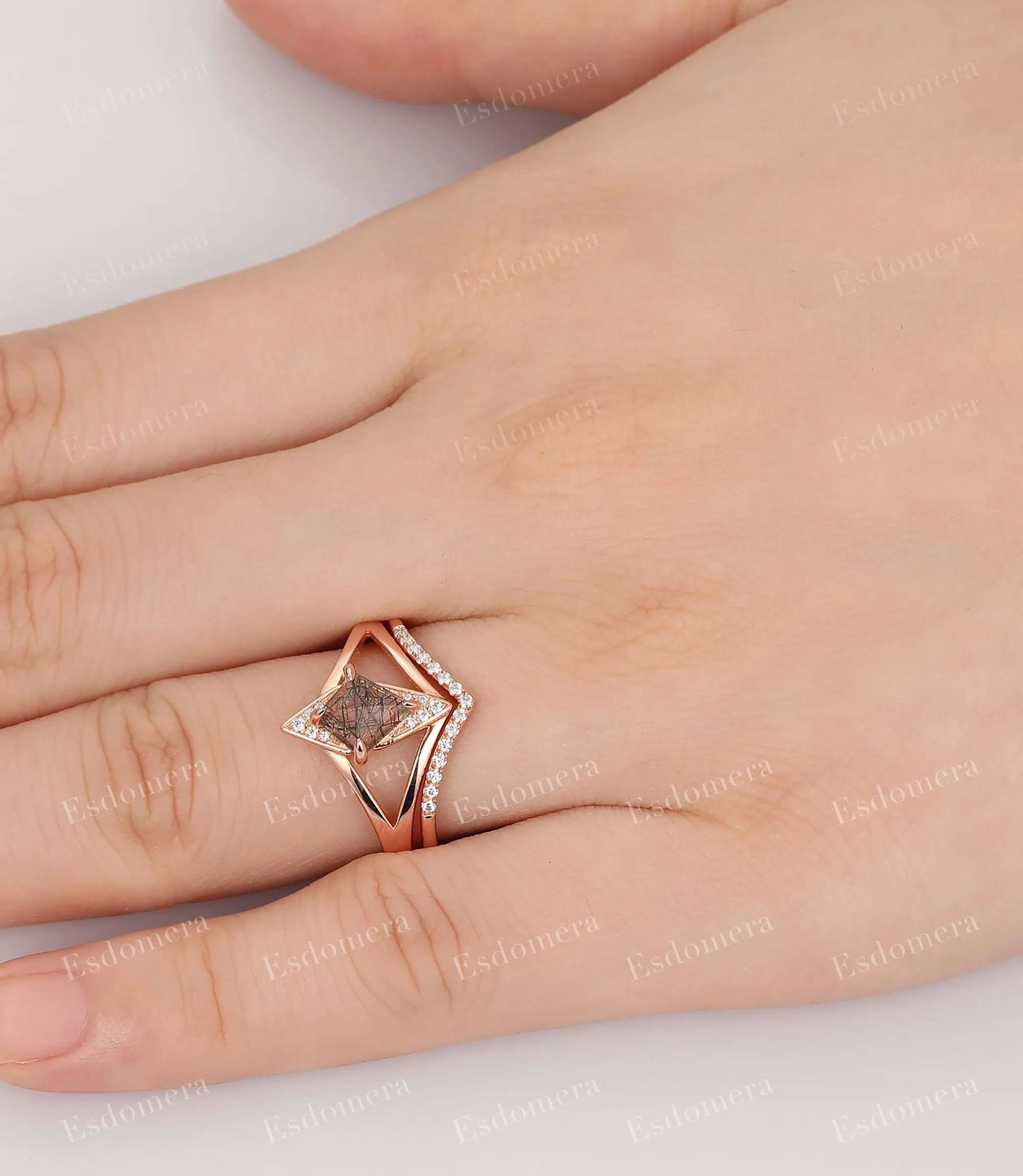 Kite Cut Black Rutilated Quartz Split Shank Engagement Ring, Moissanite Half Eternity Matching Band, Unique 14k Rose Gold Wedding Sets For Her