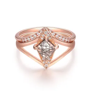 Kite Cut Black Rutilated Quartz Split Shank Engagement Ring, Moissanite Half Eternity Matching Band, Unique 14k Rose Gold Wedding Sets For Her
