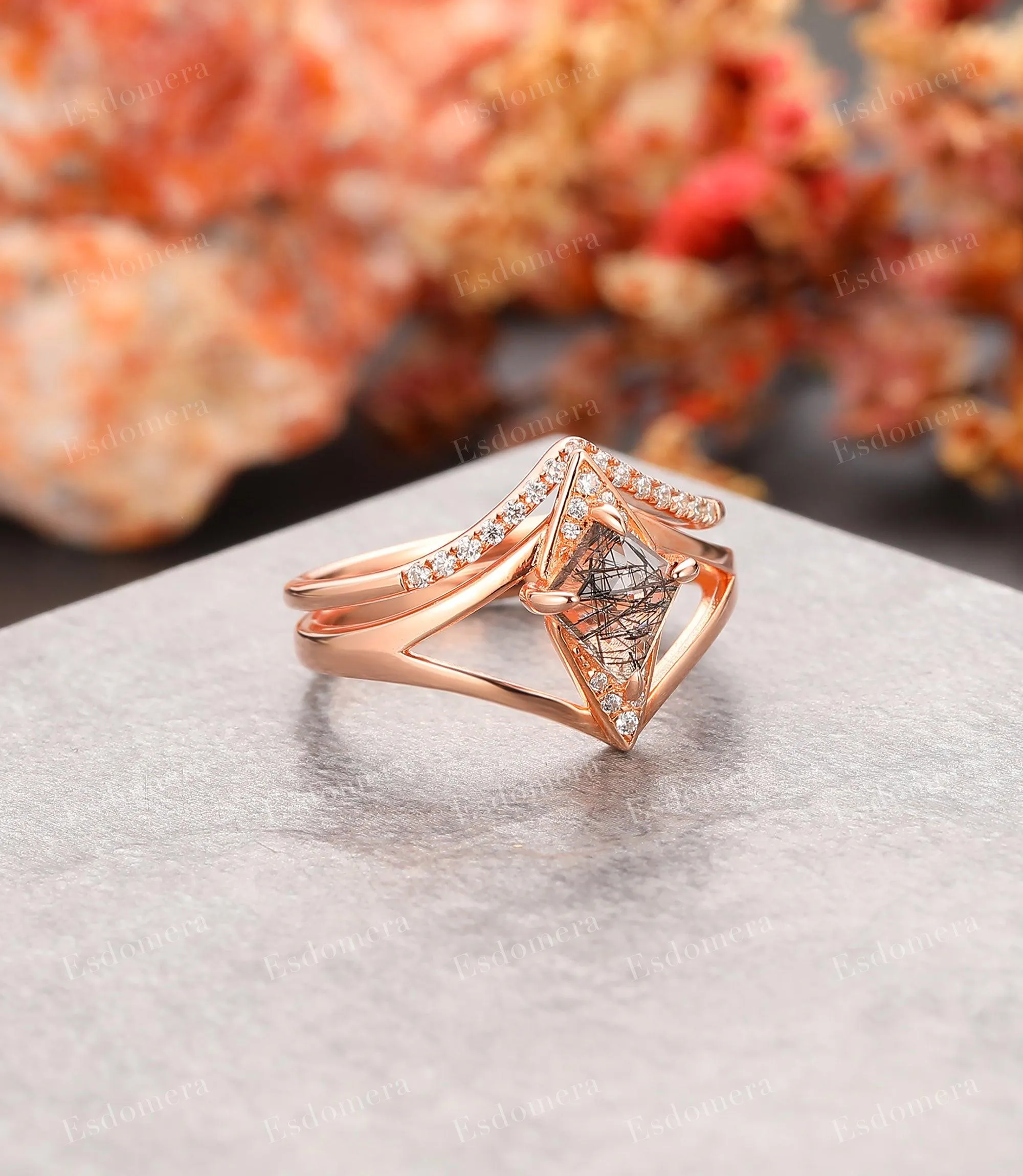 Kite Cut Black Rutilated Quartz Split Shank Engagement Ring, Moissanite Half Eternity Matching Band, Unique 14k Rose Gold Wedding Sets For Her