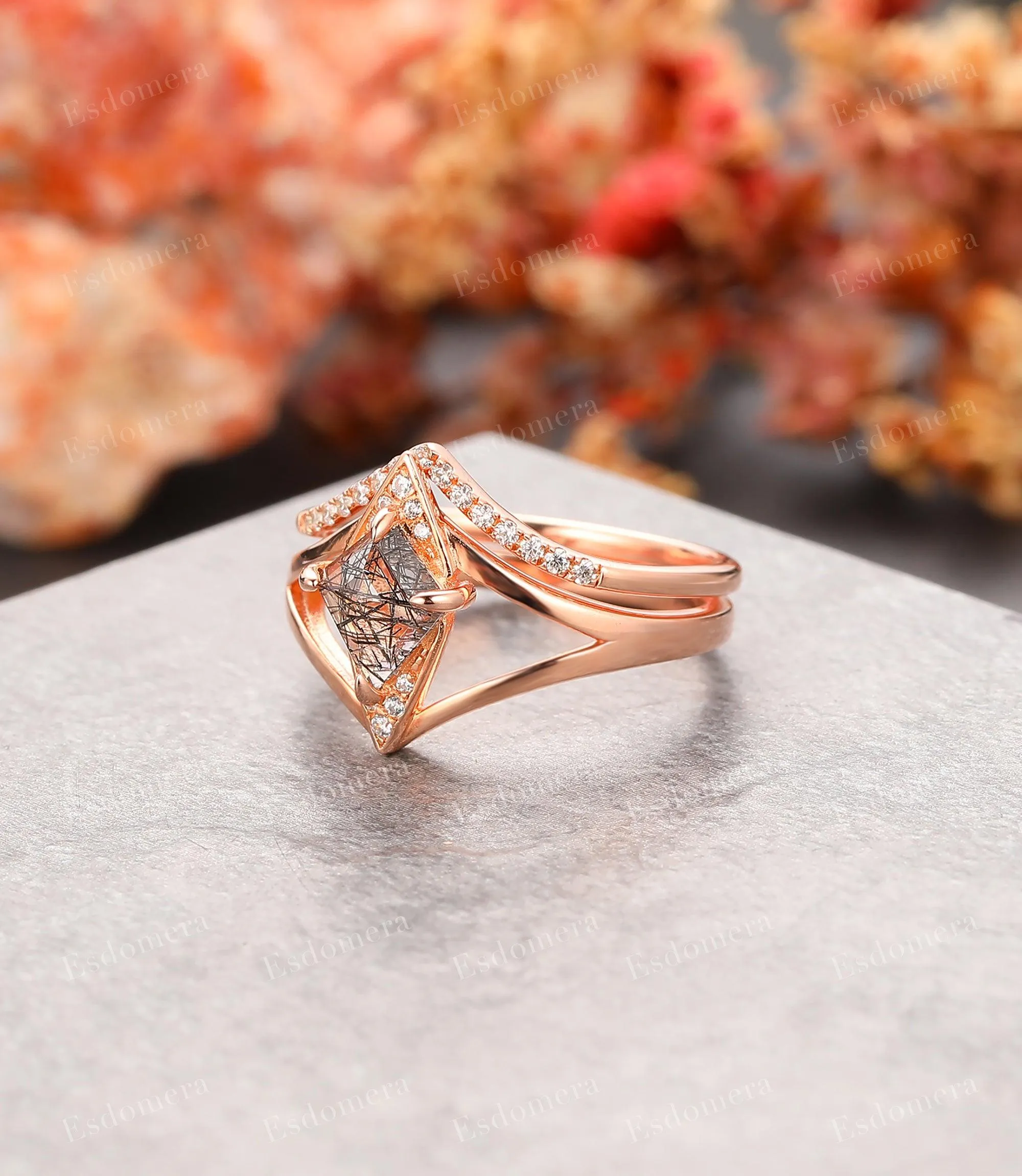 Kite Cut Black Rutilated Quartz Split Shank Engagement Ring, Moissanite Half Eternity Matching Band, Unique 14k Rose Gold Wedding Sets For Her