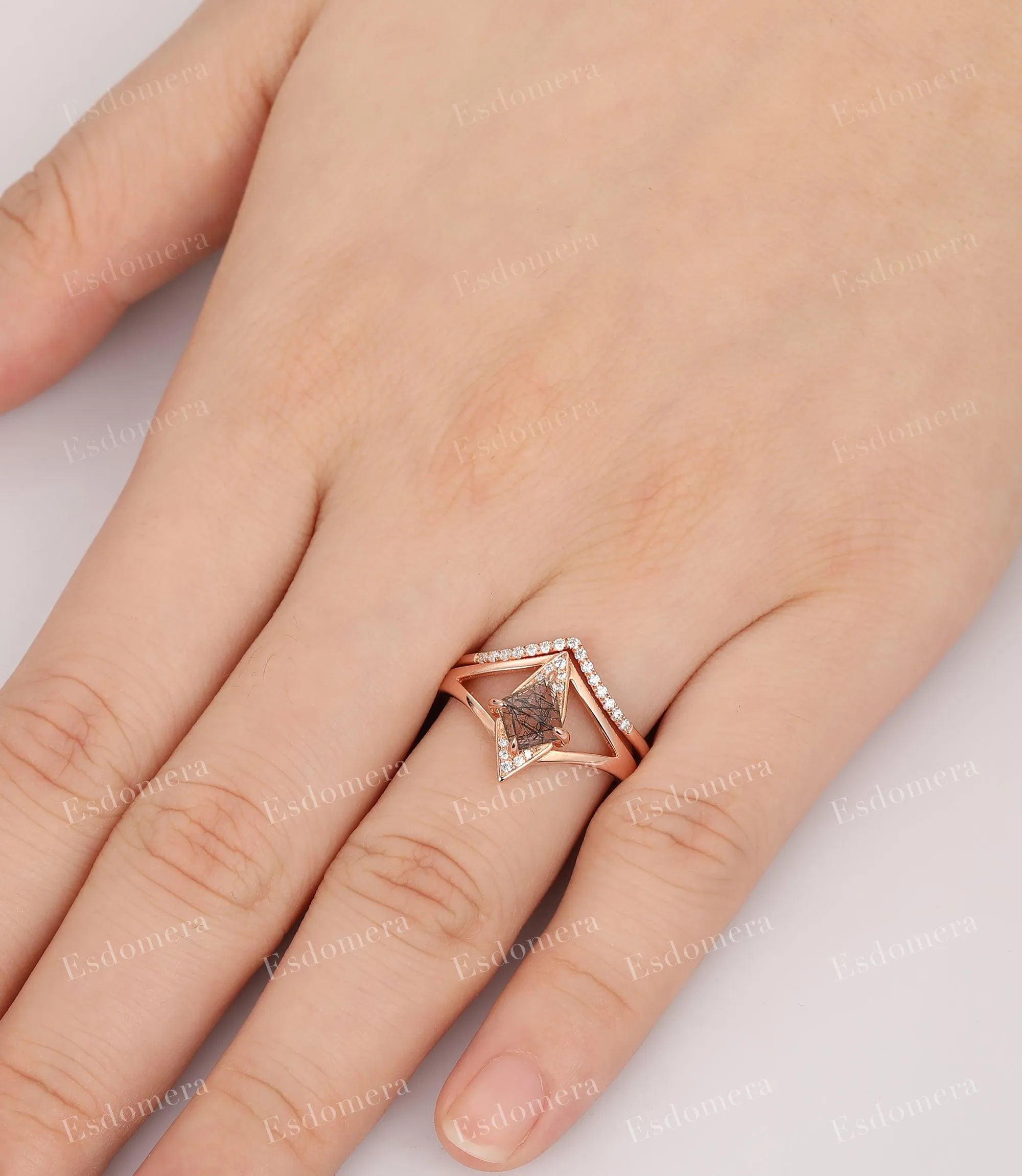 Kite Cut Black Rutilated Quartz Split Shank Engagement Ring, Moissanite Half Eternity Matching Band, Unique 14k Rose Gold Wedding Sets For Her