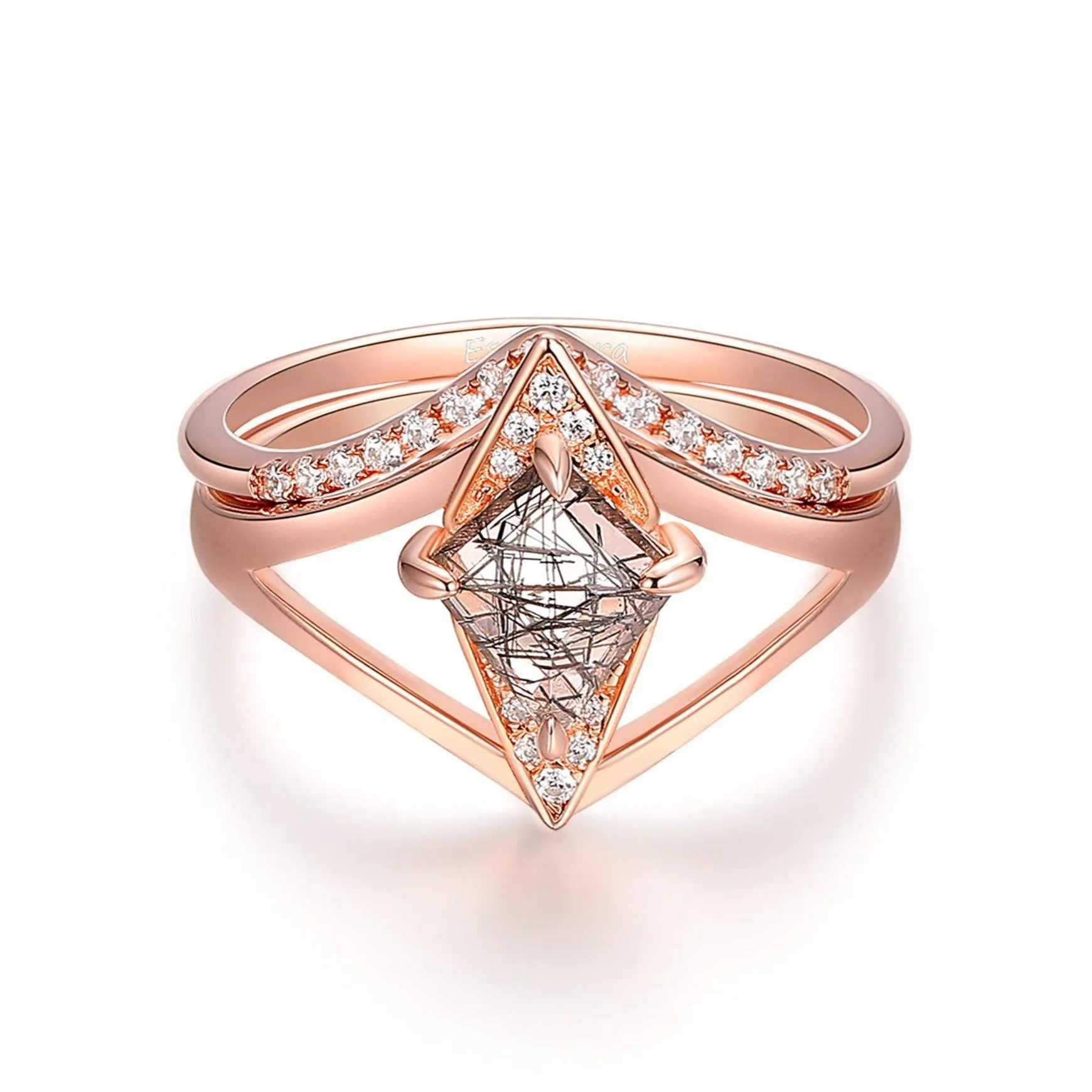 Kite Cut Black Rutilated Quartz Split Shank Engagement Ring, Moissanite Half Eternity Matching Band, Unique 14k Rose Gold Wedding Sets For Her