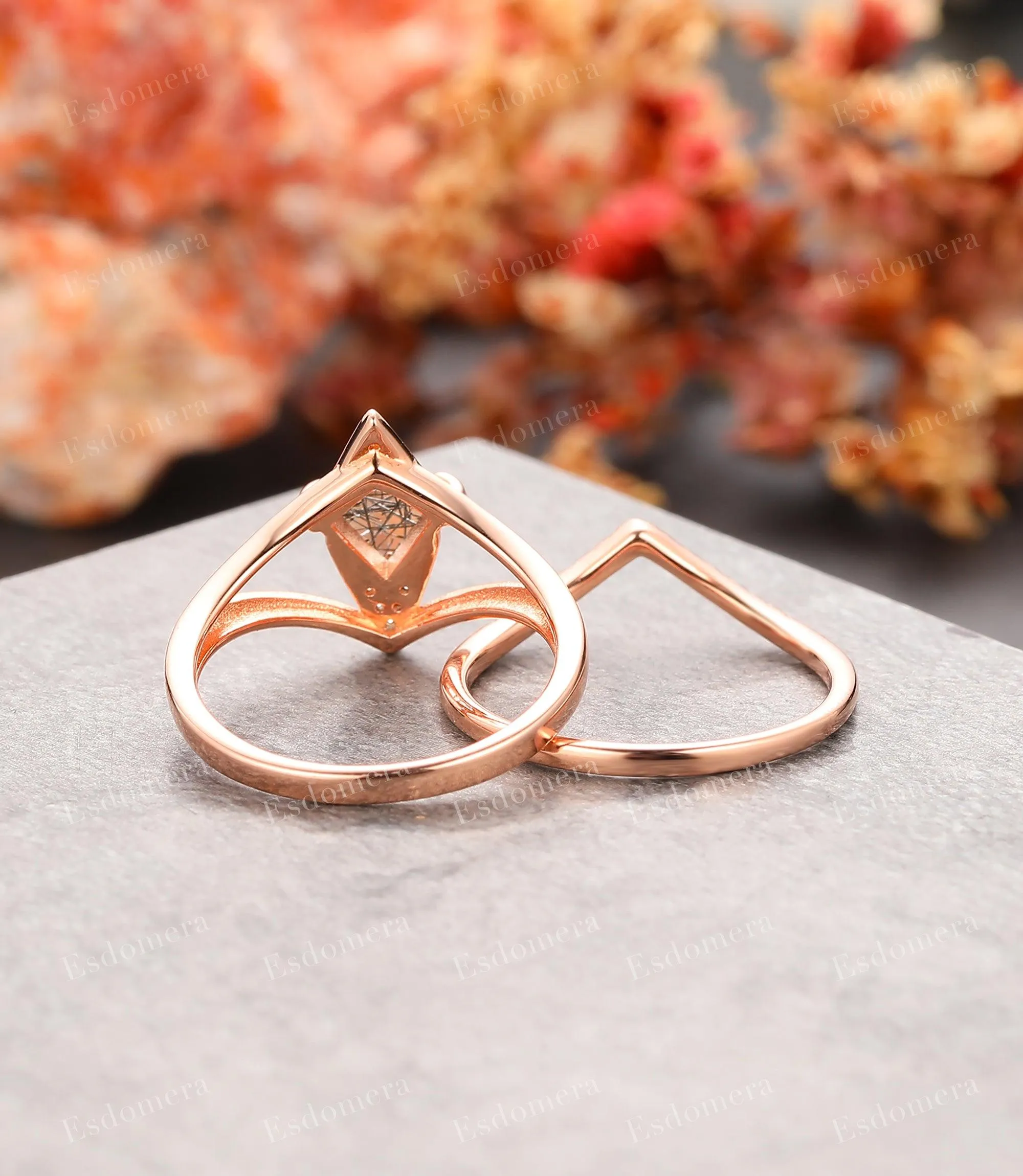 Kite Cut Black Rutilated Quartz Split Shank Engagement Ring, Moissanite Half Eternity Matching Band, Unique 14k Rose Gold Wedding Sets For Her