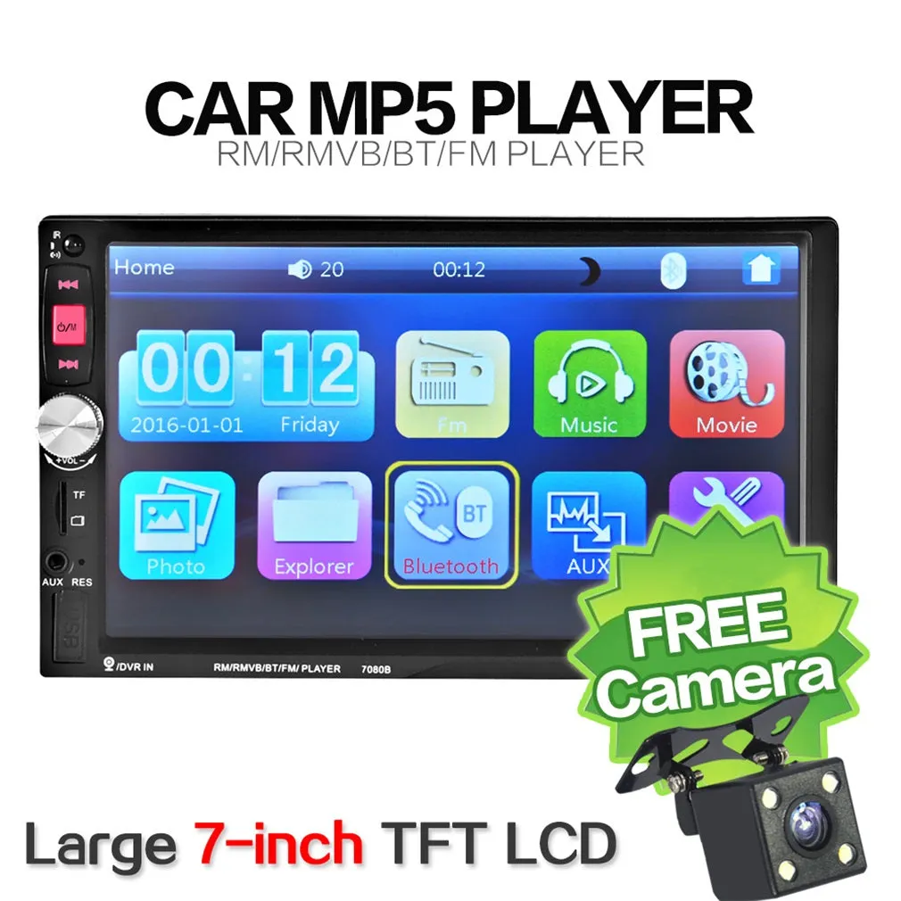 KONNWEI 7080B Car MP5 Player With Free Camera Touch Screen Bluetooth Stereo Radio Audio USB With Remoto Colorful Lights