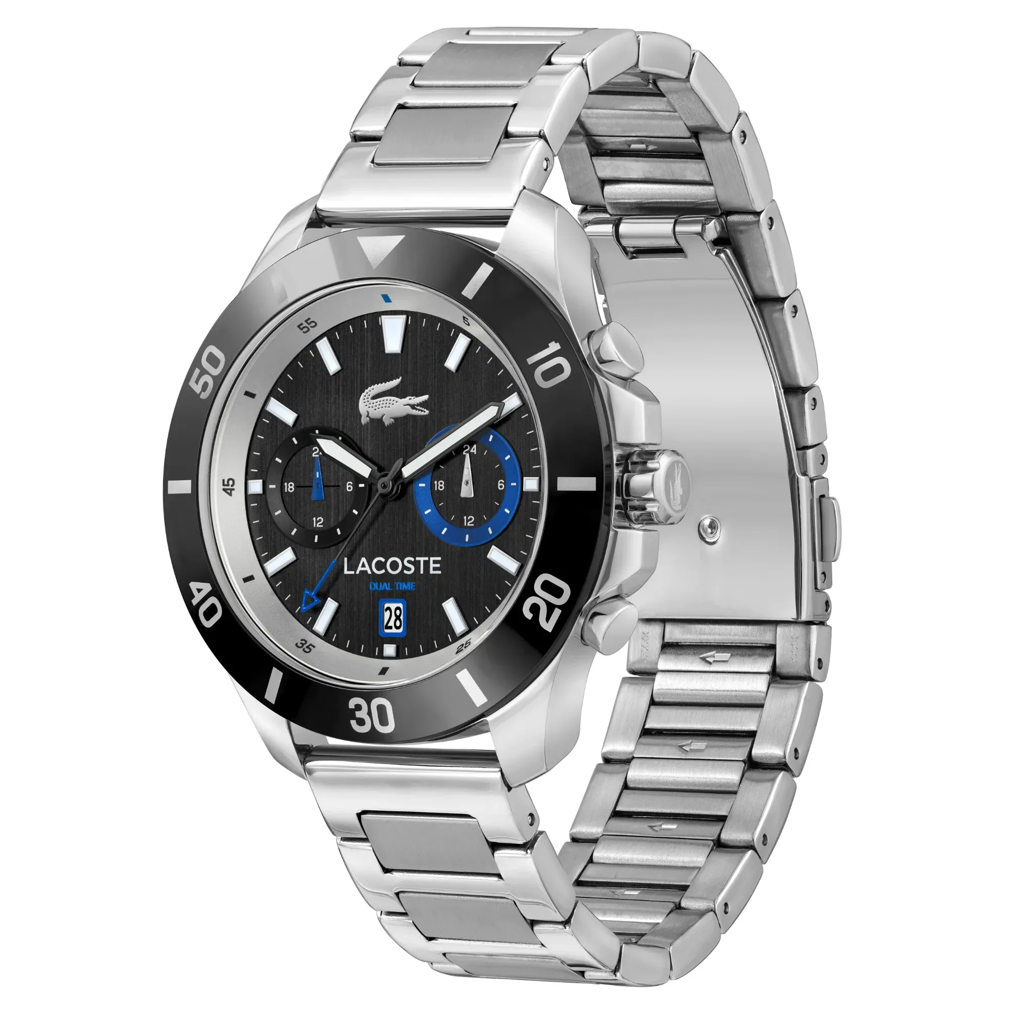 Lacoste Toronga Dual Time Black Dial Silver Bracelet Watch