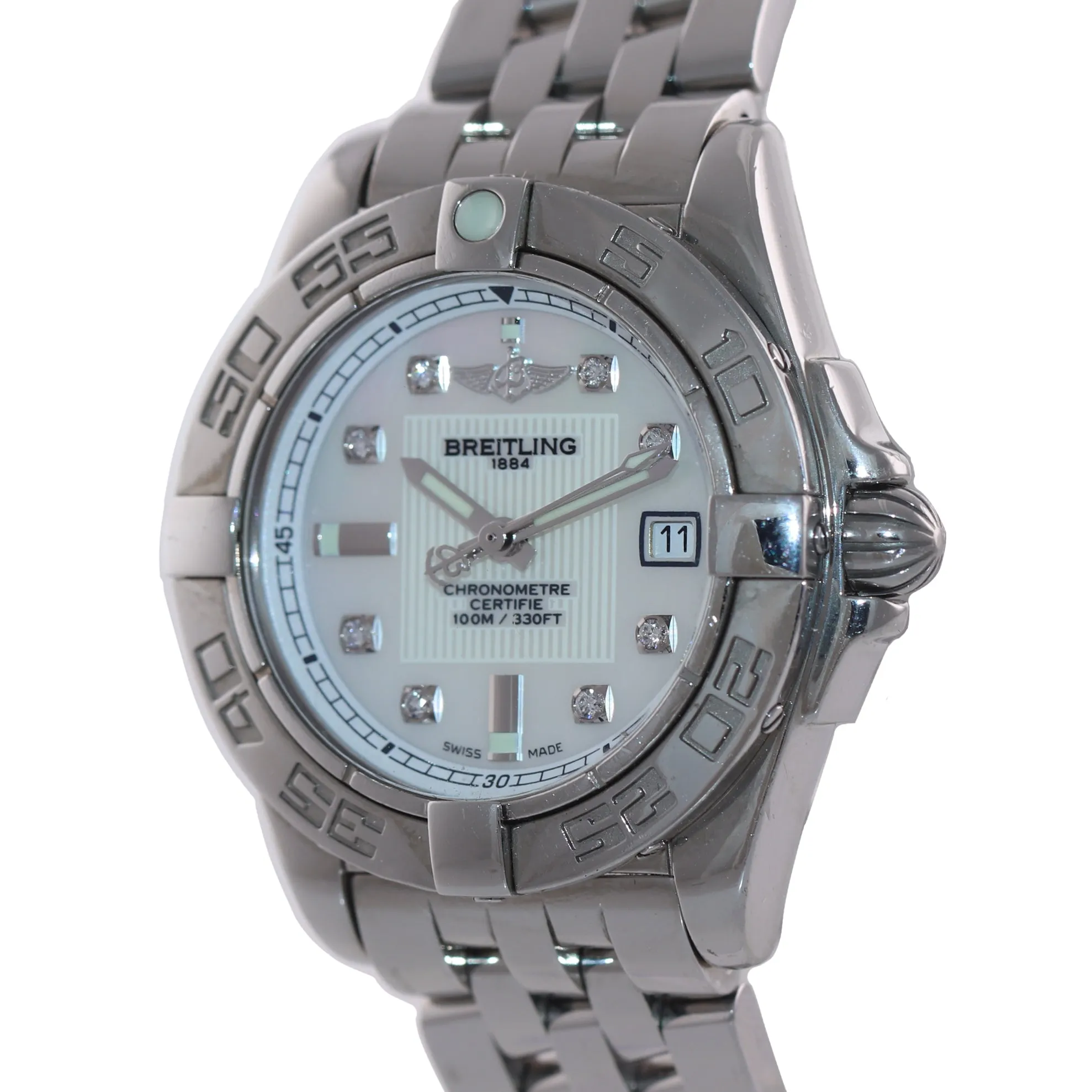 Ladies Breitling Galactic Cockpit 32 A71356 Steel MOP Diamond Quartz Date Watch