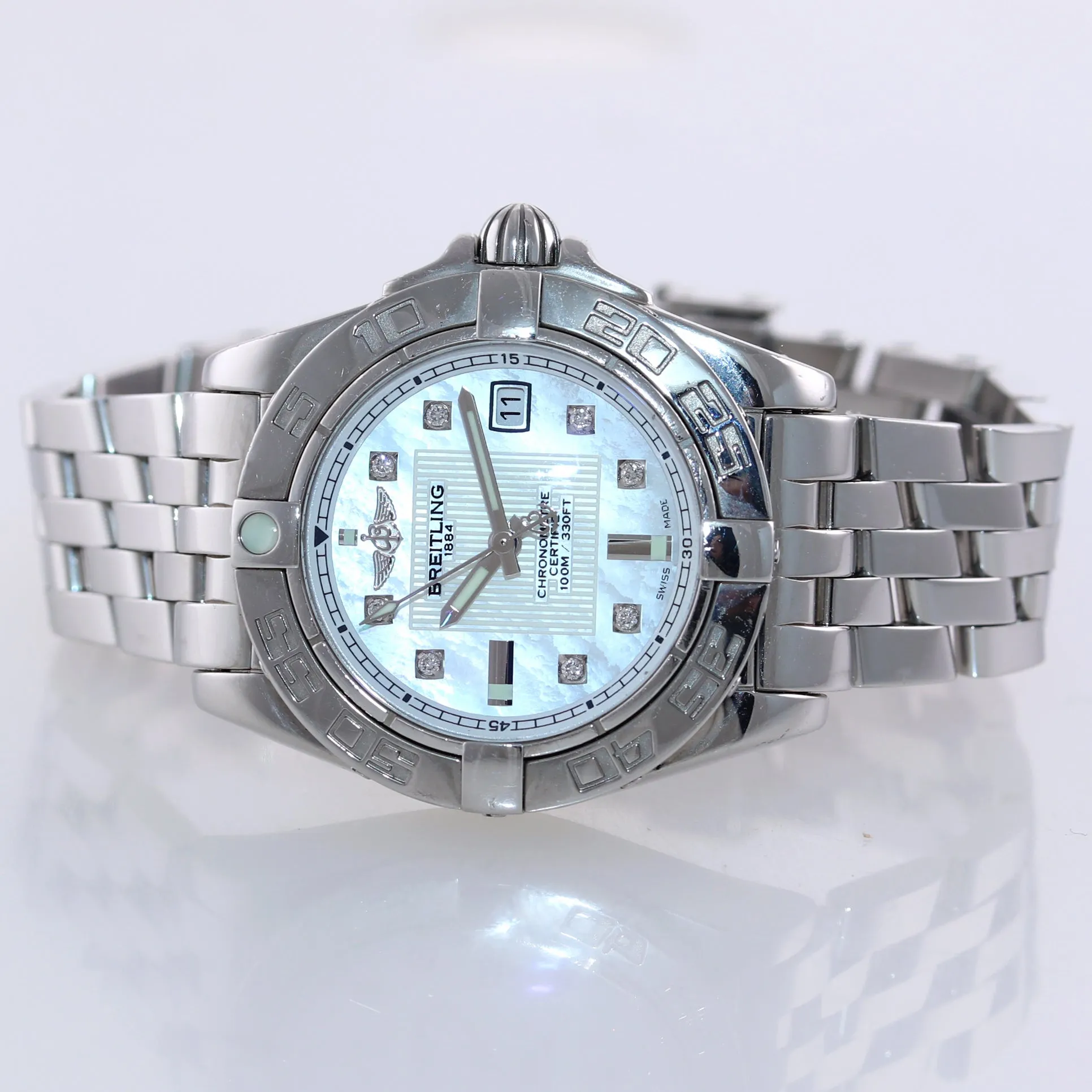 Ladies Breitling Galactic Cockpit 32 A71356 Steel MOP Diamond Quartz Date Watch