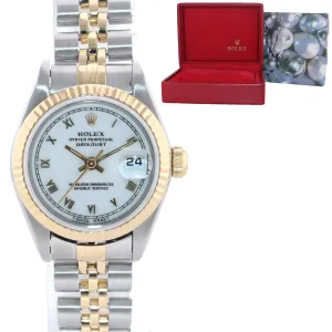 Ladies Rolex 69173 Two Tone 18k Gold 26mm White Roman Jubilee Watch Box
