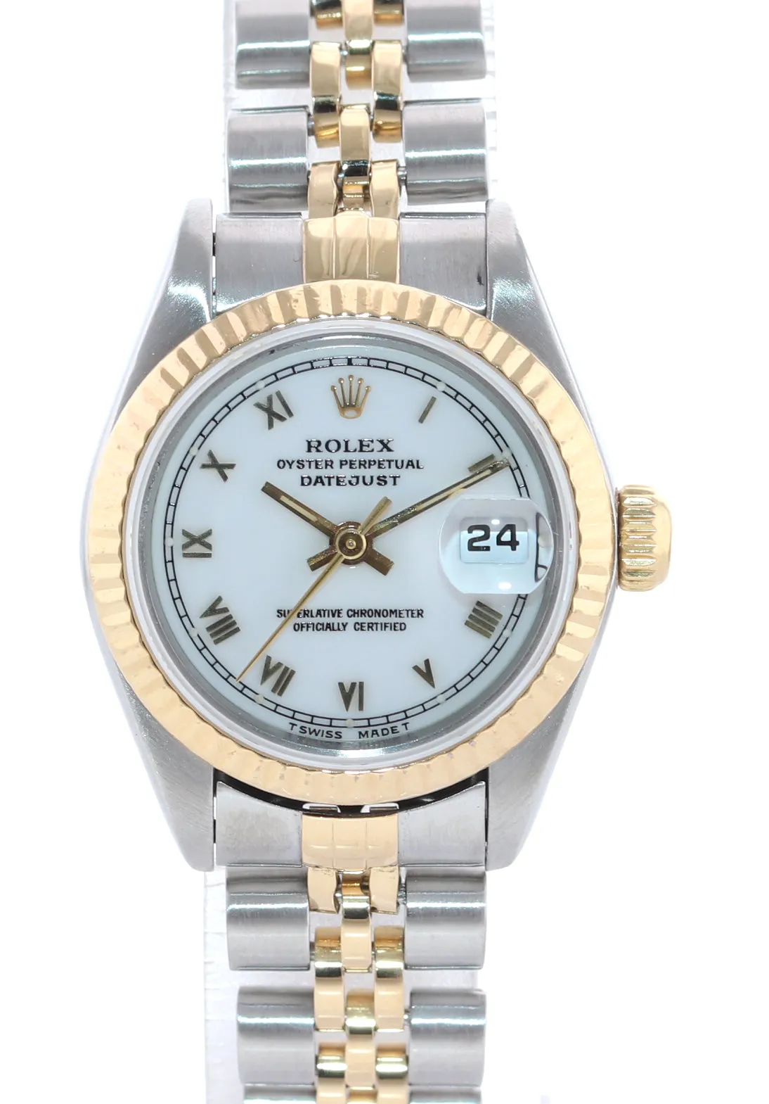 Ladies Rolex 69173 Two Tone 18k Gold 26mm White Roman Jubilee Watch Box