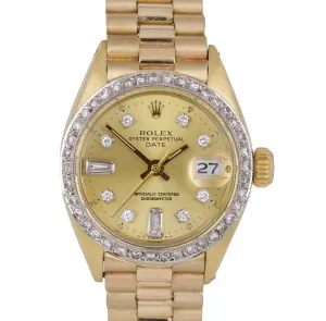 Ladies Rolex Date 6917 President 26mm Diamond Bezel 18K Yellow Gold Watch 69178
