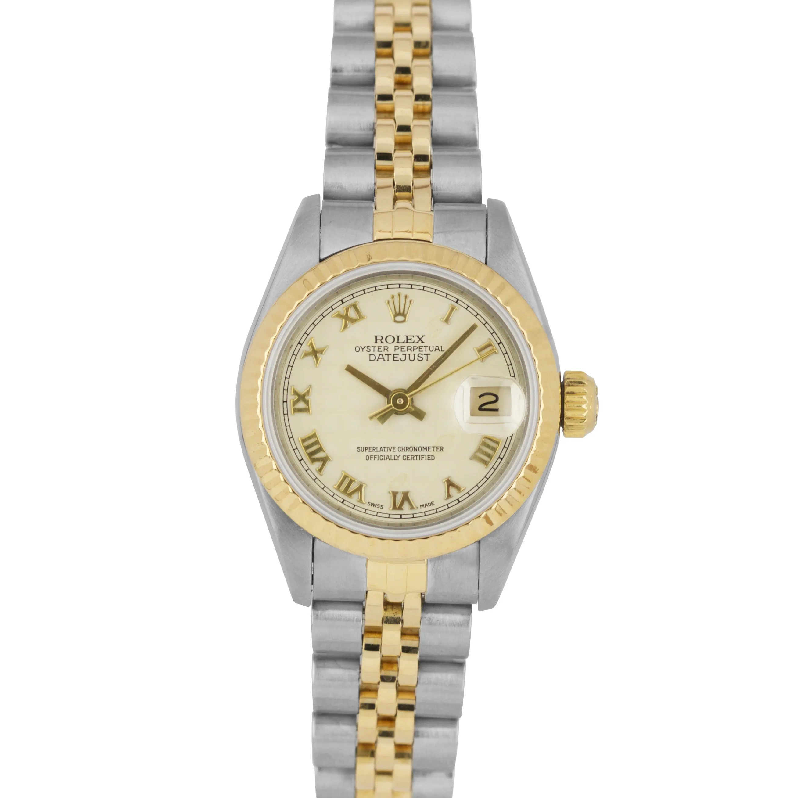 Ladies Rolex DateJust 26mm 69173 Cream Pyramid 18K Two-Tone Gold Jubilee Watch
