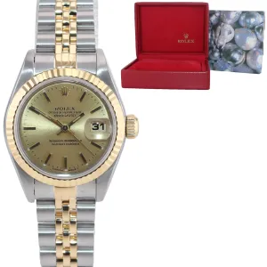 Ladies Rolex DateJust 26mm 69173 Two Tone Gold Steel Champagne Watch Box